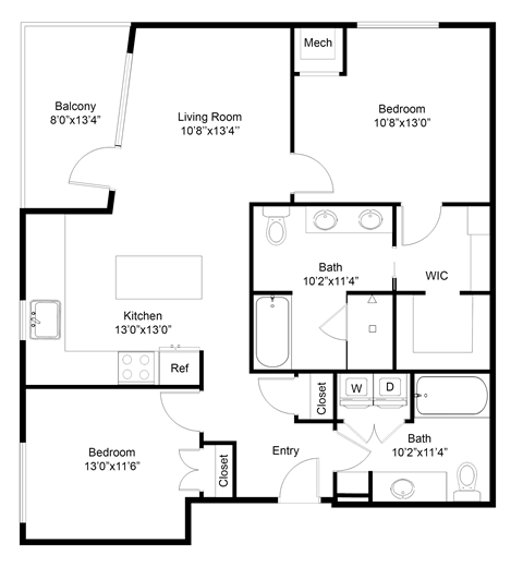 Floor plan for 2 beds, 2 baths, 1140 sqft